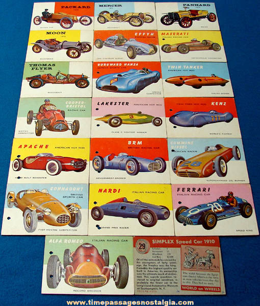 (20) 1950s Antique Automobile Sports and Race Car World on Wheels Trading Cards