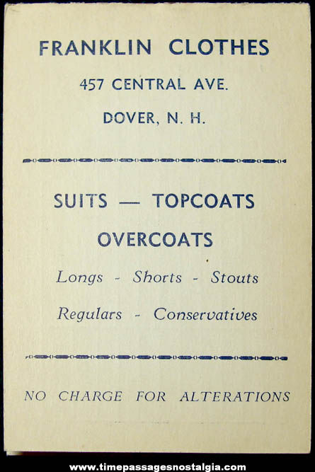 Unused 1942 Franklin Clothes Store Advertising Premium Calendar Note Pad Booklet