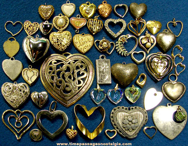 (50) Old Metal and Glass Heart Shaped Pendant Jewelry Charms