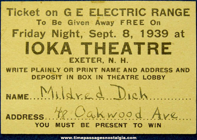 1939 Ioka Theatre Exeter New Hampshire Advertising Contest Prize Ticket