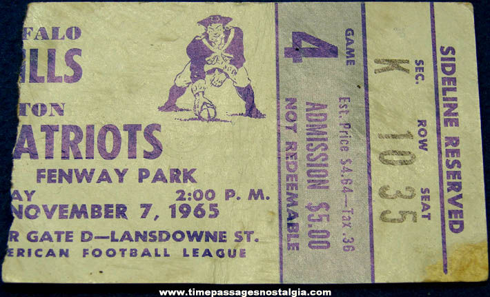 1965 Buffalo Bills vs Boston Patriots Football Game Fenway Park Ticket Stub