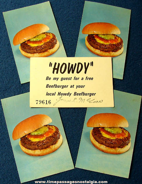 (5) Old Howdy Burger Free Complimentary Beefburger Advertising Cards