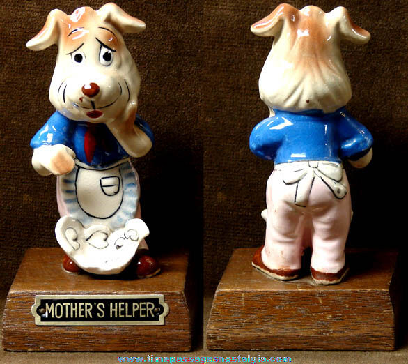 Old Porcelain & Wood Mother’s Helper Dog Figurine Statue