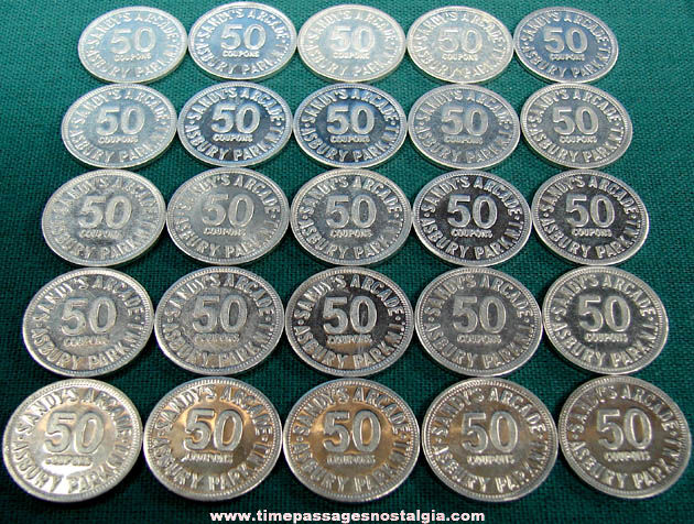 (25) Old Asbury Park New Jersey Boardwalk Sandy’s Arcade Game Fifty Point Token Coins