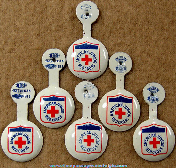 (6) Old Amerian Junior Red Cross Advertising Tin Tab Buttons