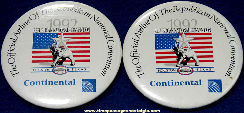 (2) 1992 Republican National Convention Continental Airlines Advertising Pin Back Buttons