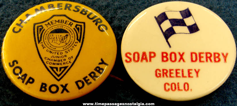 (2) Different Old Soap Box Derby Race Advertising Souvenir Pin Back Buttons