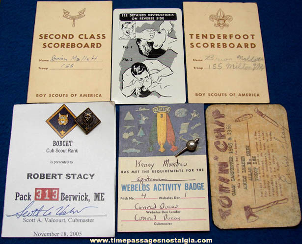 (6) Old Boy Scouts & Webelos Cards with (2) Award Pins