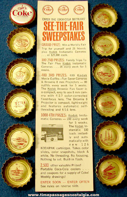 1964 - 1965 New York World’s Fair Coca Cola Sweepstakes Card & (12) Bottle Caps