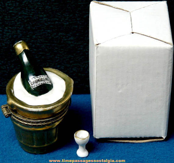 Porcelain Champagne Bottle In Ice Bucket Trinket Box With Miniature Glass