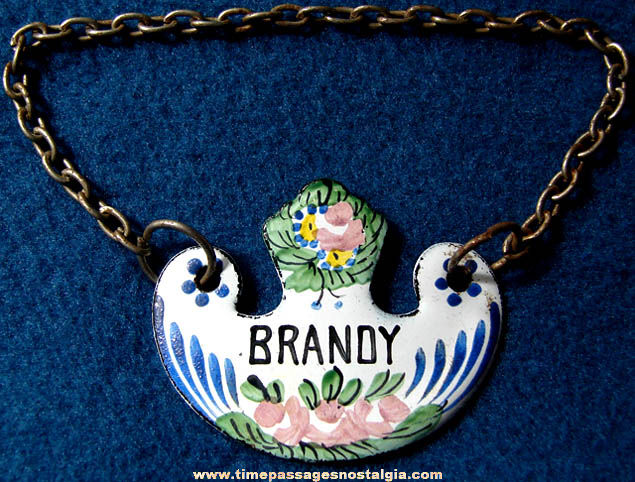 Old Painted Enameled Metal Brandy Advertising Bottle Label Pendant Charm