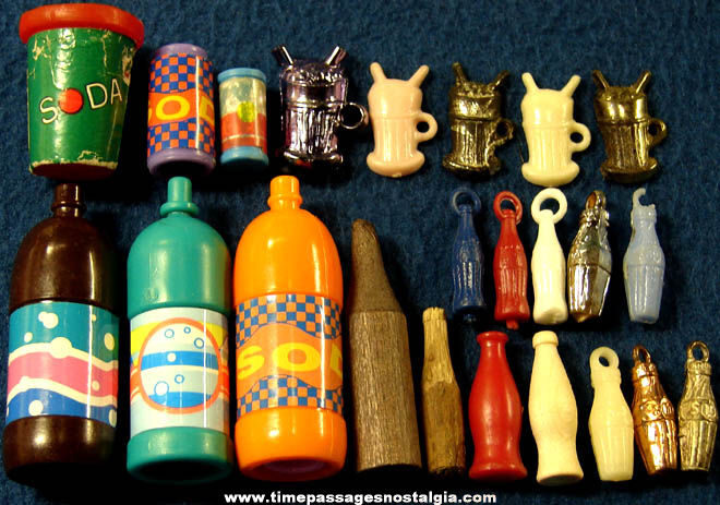 (23) Doll House Miniature & Gum Ball Machine Charm Soda Bottles Cans & Glasses