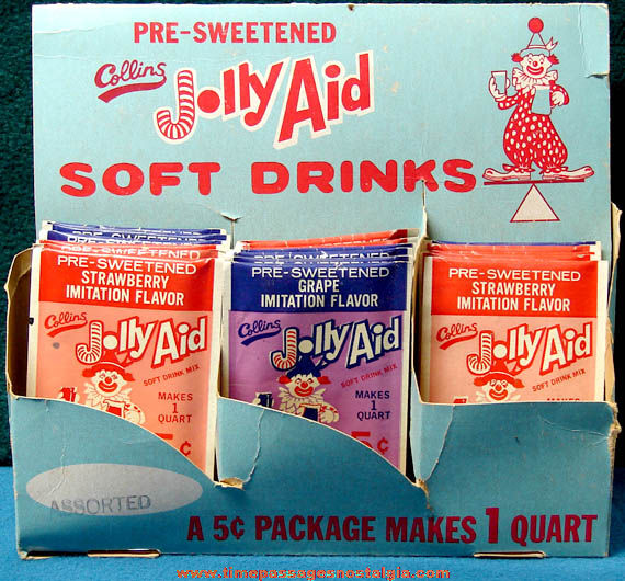 Old Collins Jolly Aid Soft Drink Store Display With (19) Packets