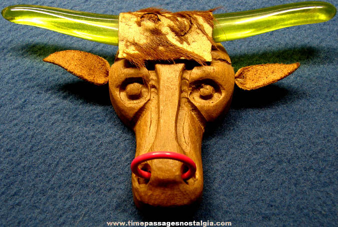 Old Elzac Carved Wood, Leather, Celluloid, & Plastic Bull or Steer Brooch Jewelry Pin