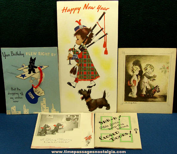 (5) Different Old Scottish Terrier or Scottie Dog Greeting Cards