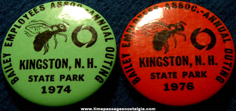 (2) 1970s Kingston New Hampshire State Park Company Outing Advertising Pin Back Buttons