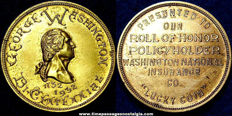 1932 George Washington Bicentennial Insurance Company Lucky Token Coin