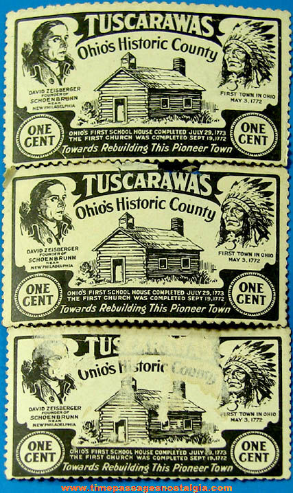 (3) Old Historic Tuscarawas County Ohio One Cent Donation Stamps