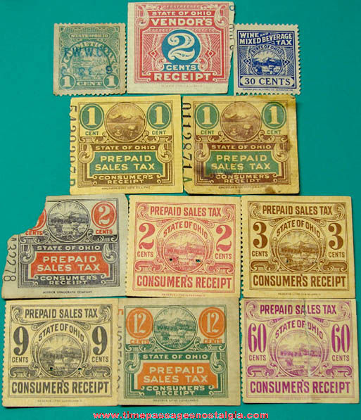 (11) Colorful Old State of Ohio Prepaid Tax Receipt Stamps