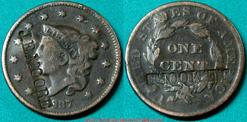 1837 J.E.MOORE Counterstamped Coronet Type United States Large Cent Coin