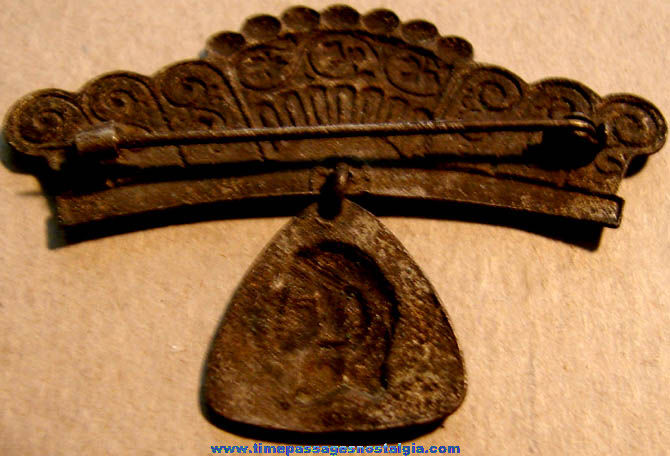 Old Embossed Metal Jewelry Pin with Hanging Profile Charm