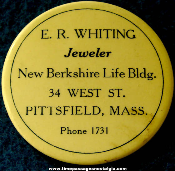 Old Pittsfield Massachusetts Jeweler Advertising Celluloid Pin Back Button