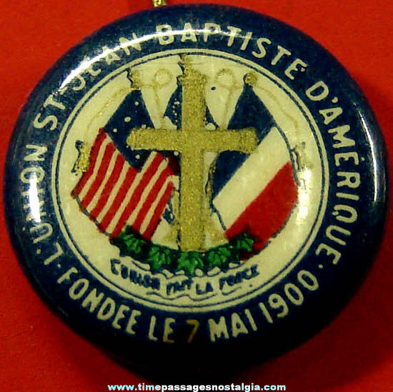 1900 St. Jean Baptist Church French & American Advertising Celluloid Pin Back Button