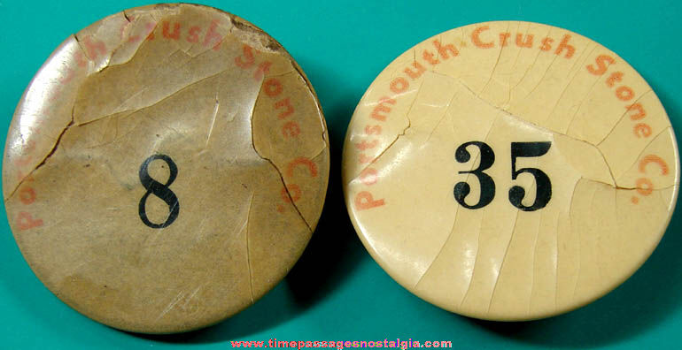 (2) Old Portsmouth Crush Stone Company Advertising Pin Back Button Badges
