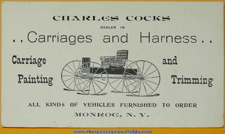 Old Charles Cocks Monroe New York Carriage and Harness Dealer Business or Trade Card