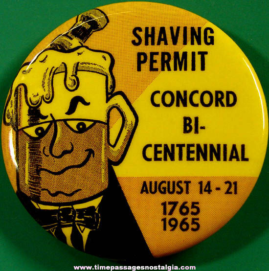 1965 Concord New Hampshire Bicentennial Shaving Permit Advertising Souvenir Pin Back Button