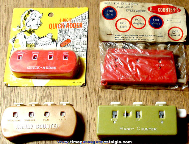 (4) Different Old Plastic Grocery Store Handy Counters Plus Bonus