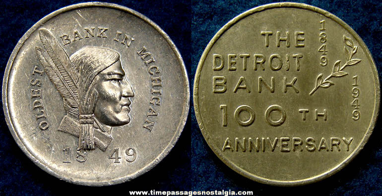 1949 Detroit Michigan Bank 100th Anniversary Advertising Token Coin