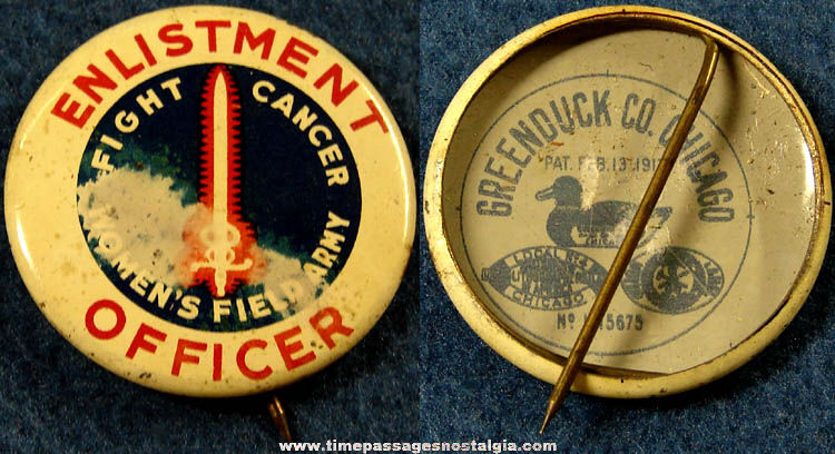 1930s American Society for the Control of Cancer Women’s Field Army Enlistment Officer Pin Back Button