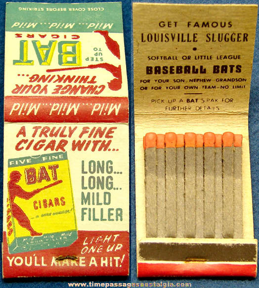 Old Unused Bat Cigars Advertising Match Book with Premium Baseball Bat Offer