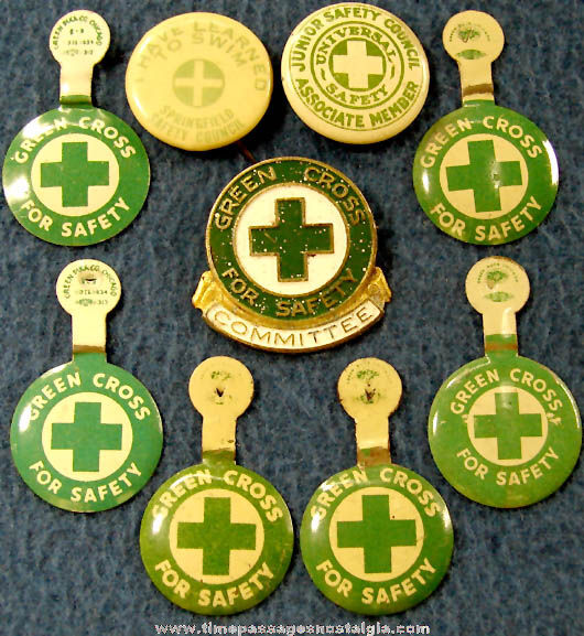 (9) Old Green Cross Safety Pin Back & Tin Tab Buttons