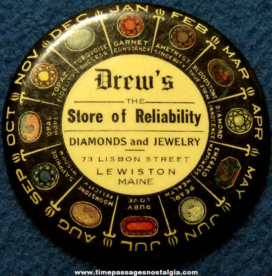 Colorful Old Lewiston Maine Jewelry Store Advertising Premium Celluloid Pocket Mirror