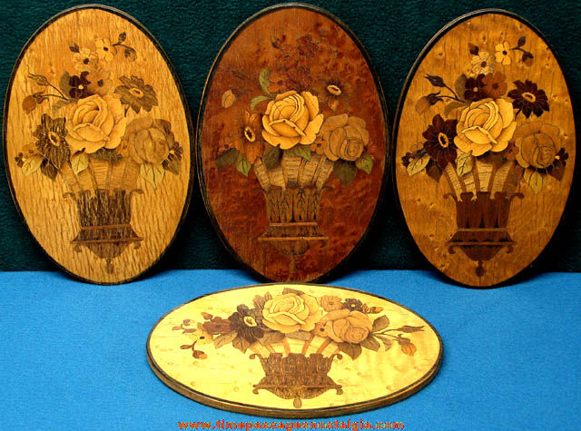 (4) Old Detailed Inlaid Wood Flower Oval Wall Hanging Plaques