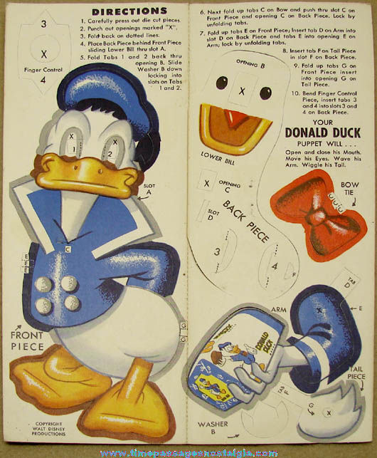 Old Unused Walt Disney Donald Duck Bread Advertising Premium Mechanical Paper Puppet