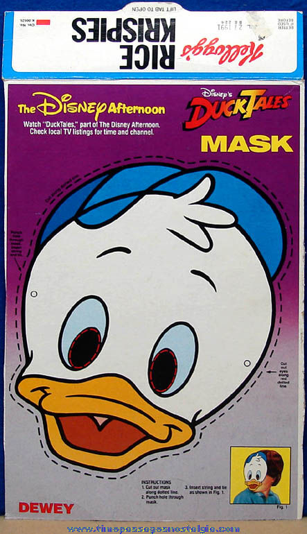 1990 Donald Duck Nephew Dewey Duck Tales Kellogg’s Cereal Box Back Face Mask