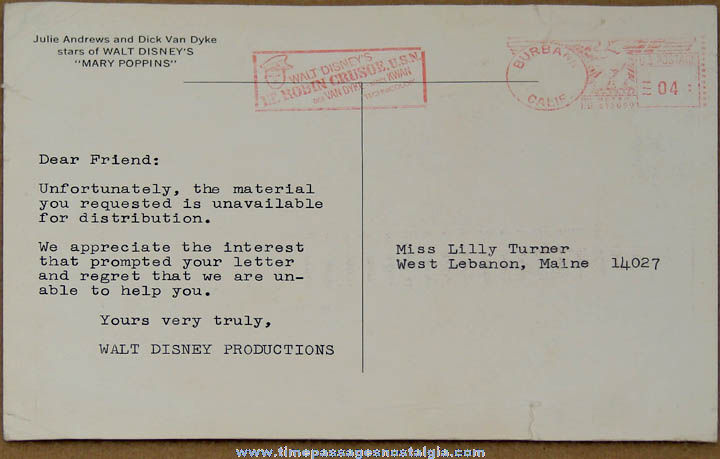 1964 Large Colorful Walt Disney Productions Mailed Mary Poppins Advertising Post Card