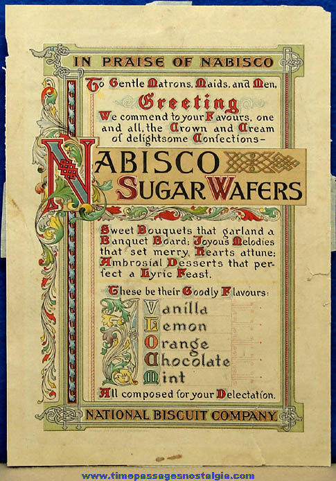 Colorful Old Two Sided National Biscuit Company Nabisco Sugar Wafers Advertisement