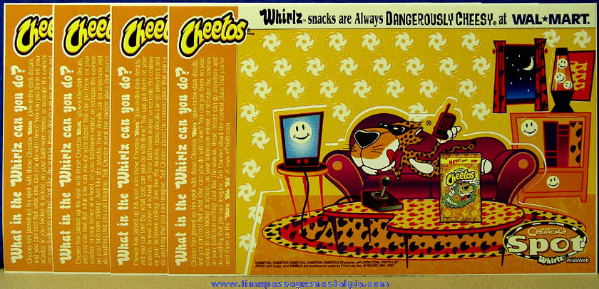 (4) Unused ©2001 Frito Lay Cheetos Whirlz Advertising Chester Cheetah Character Glow In The Dark Sticker Sheets