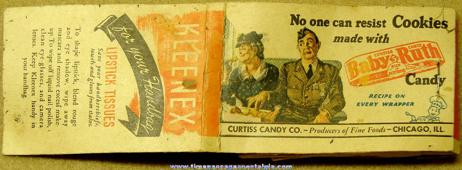 Old Curtiss Candy Company Baby Ruth Candy Bar Advertising Premium Kleenex Lipstick Tissue Packet