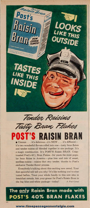 1940s Post Raisin Bran Cereal Magazine Advertisement