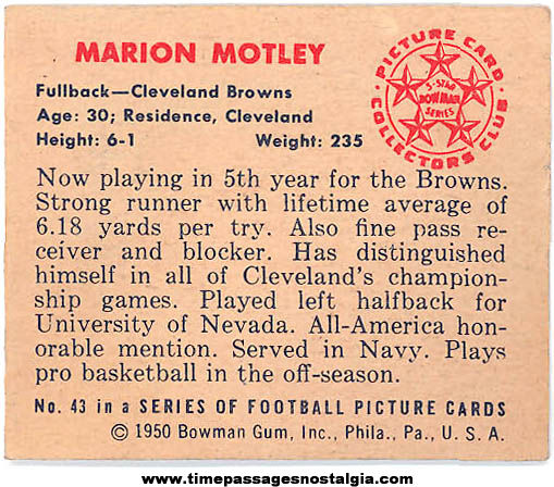 ©1950 Marion Motley Cleveland Browns Bowman Gum Football Trading Card