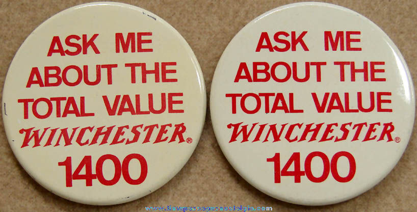 (2) Winchester 1400 12 Gauge Shotgun Advertising Tin Pin Back Buttons