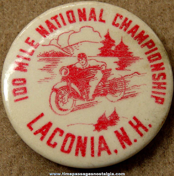 1949 New England Gypsy Tour 100 Mile National Championship Laconia New Hampshire Motorcycle Race Pin Back Button