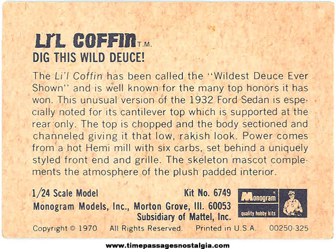 1970 Li’l Coffin Wild Deuce Mattel Monogram Model Kit Trading Card