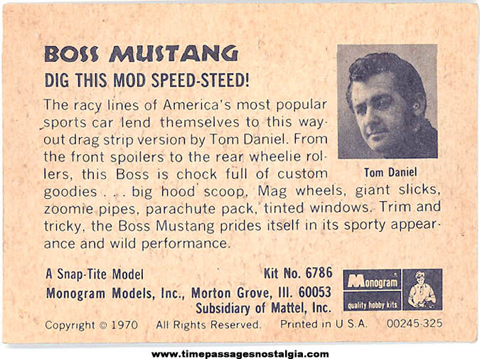 ©1970 Tom Daniel Ford Boss Mustang Mattel Monogram Model Kit Trading Card