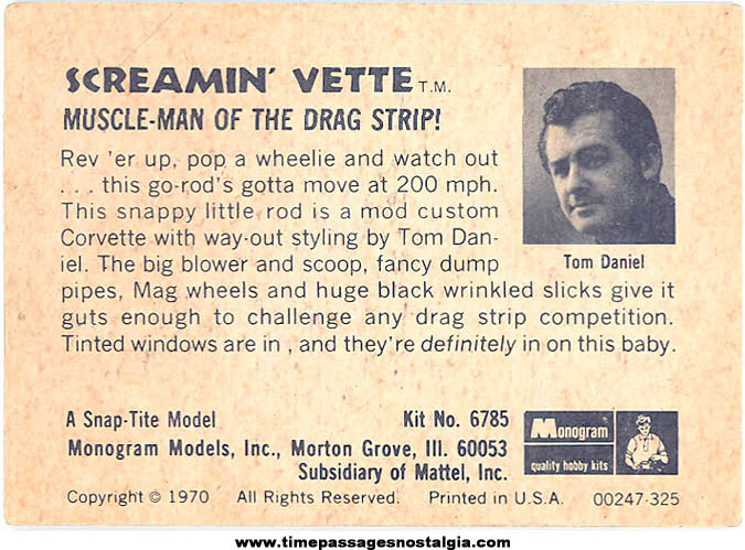 ©1970 Tom Daniel Chevrolet Screamin’ Vette Mattel Monogram Model Kit Trading Card